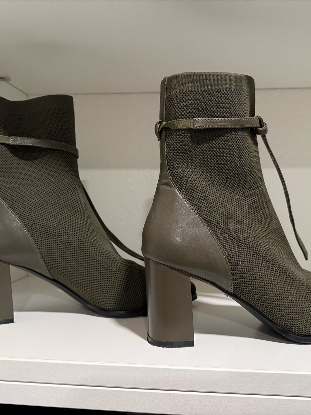 Olive Green Block Heel Ankle Booties with Ankle Tie